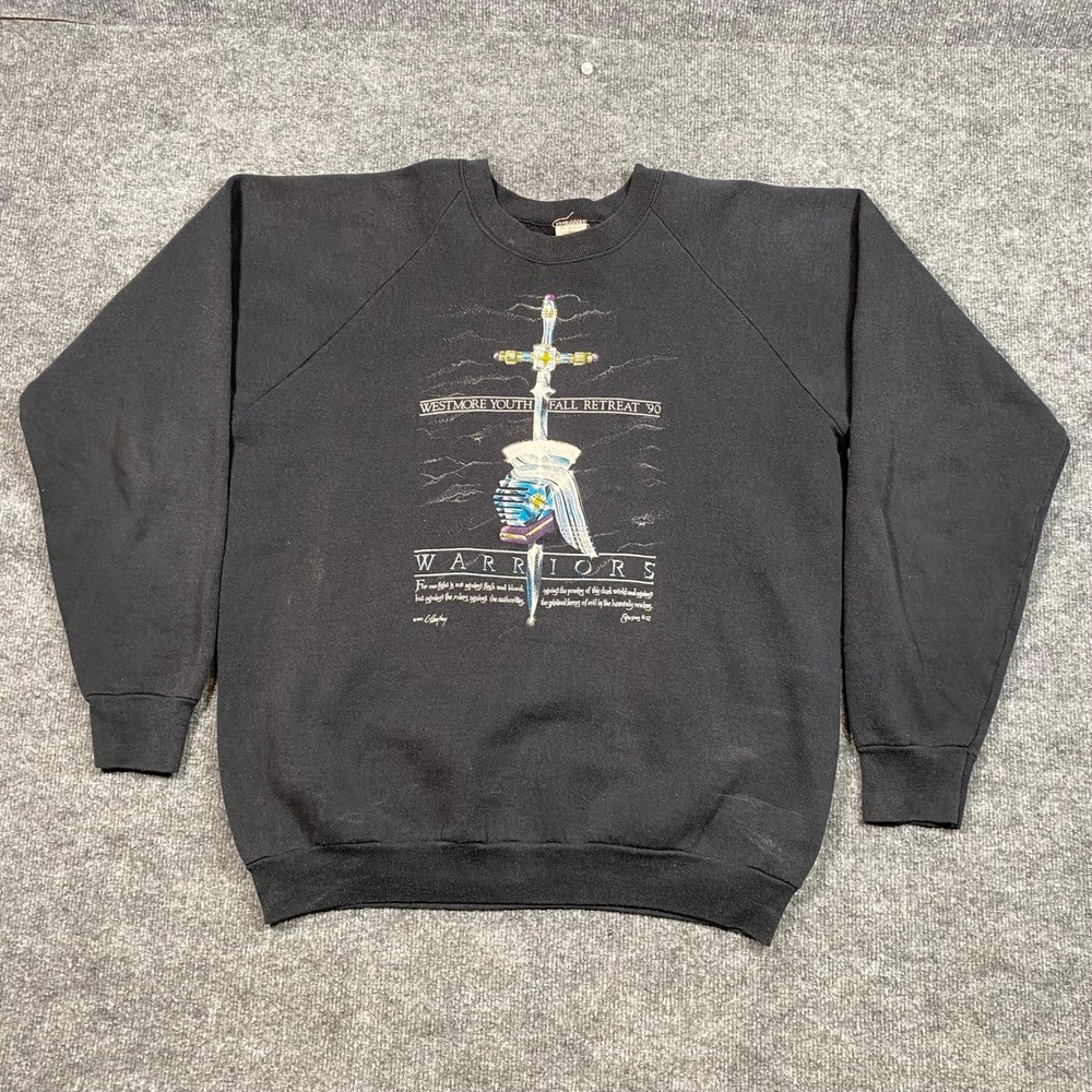 1990 Knight Bible Verse Westmore Youth Warriors Sweatshirt XL‎ Black USA Vintage